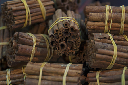 Pile of raw cinnamon sticks in bundles, popular for their gastronomic and medical use, at the traditional market called souk, at medina, Marrakesh, Moroccoの写真素材