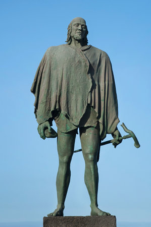 Statue of Bencomo, a Guanche chief or a mencey, part of the nine statues of pre-Hispanic kings situated in Plaza de la Patrona de Canarias, in Candelaria, Tenerife, Canary Islands, Spainのeditorial素材