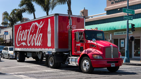 San Francisco, California, USA - September 22, 2017: famous red large Coca Cola truck stopped on a...