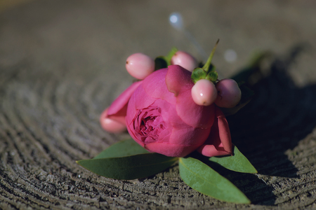 A pink peony small bouquet for buttonhole used for groom and wedding guests positioned on a stamp, in natural light. Fabulous, traditional ideas for wedding or engagement floral arrangements.の写真素材