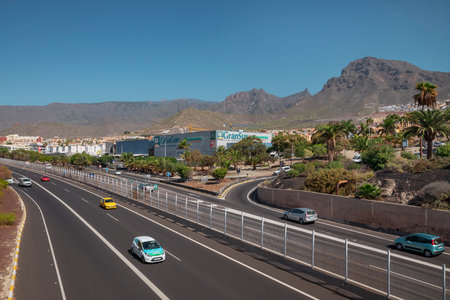 Centro Commercial Gran Sur, Costa Adeje, Tenerife, Canary Islands, Spain - November 11, 2019: above views of busy dual carriageway passing by the popular shopping mall based in the south of the islandのeditorial素材