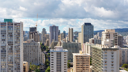 Honolulu, Oahu Island, Hawaii, USA - September 27, 2017:elevated views of the high-rise hotels and holiday accommodation buildings nearby Waikiki beach, one of the most vibrant resorts on the islandのeditorial素材