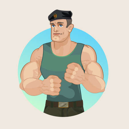 Strong muscular military man, a Sergeant in uniform and a beret. Huge fists and muscular arms, pugilism, strength and courage. Mountain muscle, Russian soldier, the paratrooper.のイラスト素材