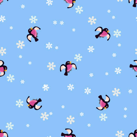 Funny cartoon bullfinches on a blue background of the sky and the falling snow seamless patternのイラスト素材