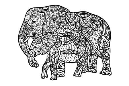 Anti stress and relaxing coloring elephants, filled fancy pattern. Black and white hand drawn illustration. Mama elephant and her little elephant.のイラスト素材