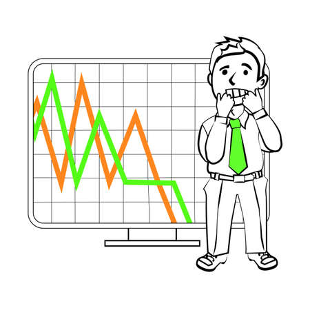 Experiencing emotional character of the trader. Design for a presentation showing the situation. Stock graph, the decline in sales or reduction in the value of assets on the exchange.のイラスト素材