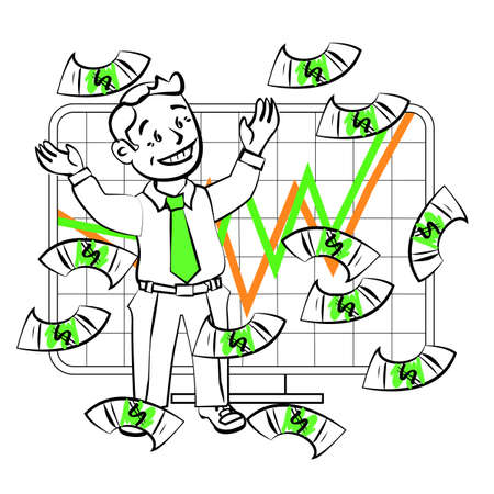 The graphics in the vector. Happy SIM trader catch money. Design for presentations, showing success. Stock graph, growth, high sales or an increase in the value of assets on the exchange.のイラスト素材