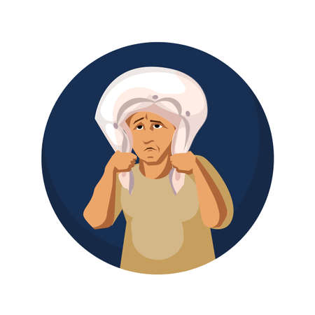 The man with the pillow on your head experiencing insomnia or headache. Loud noise neighbors. Human suffering, and disease. Vector illustration.のイラスト素材