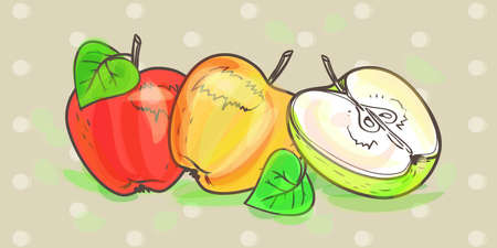Ripe apples and Apple half, illustration in on the abstract background. Beautiful, delicious, realistic, and organic apples for design and execution. watercolor retro art set.のイラスト素材