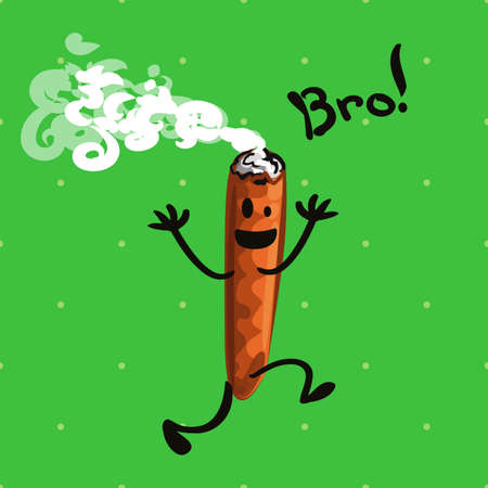 Fun Cuban cigar character runs and shouts BRO. Green background with polka dots. To escape from Smoking.のイラスト素材