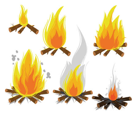 Set of cartoon Bonfires on white background isolated vector illustration. Camping fire evolutionのイラスト素材