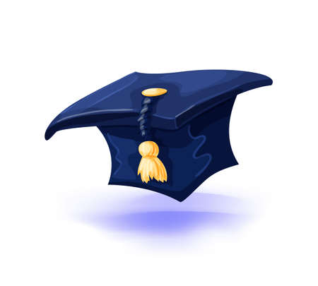 Graduation cap with gold tassel isolated on white background. College alumni hat. Vector illustration. Masquerade or carnival costume headdressのイラスト素材