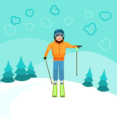 Skier standing on top of a mountain. Vector character for animation or infographics. Color image in flat style.のイラスト素材