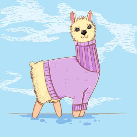 Cute alpaca or lama in a sweater on blue background. Farm animals. Kiddie cartoon characterのイラスト素材