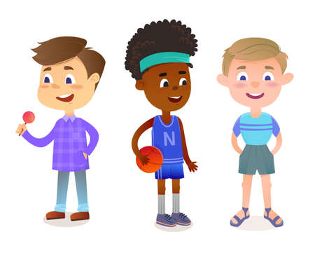 Little cute cartoon boy set. Children smiling and holding ball and candy. Kid emotion vector illustration.のイラスト素材