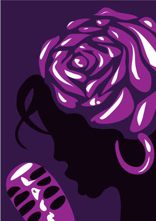 Jazz poster template. Jazz poster with a girl singing into a microphone and a flower on her head. Vector illustration on a color backgroundのイラスト素材