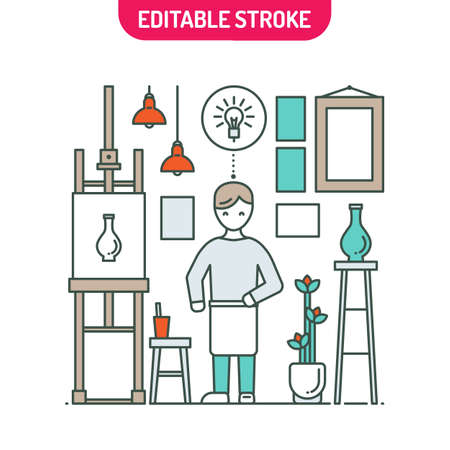 Linear art workshop. Artist painting picture in studio line art.のイラスト素材