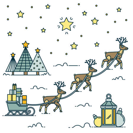 Christmas robotic deer linear art. Robot deer carrying gifts on sledges.のイラスト素材