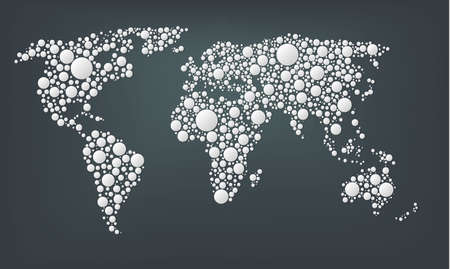 Design of a dots map of the world. Abstract world map made from large white round points isolated on a dark background. Dots style. Vector illustrationのイラスト素材