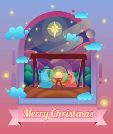 Mary and Joseph with baby Jesus, Christmas Nativity Scene under sky of stars. Modern vector cartoon illustration.のイラスト素材