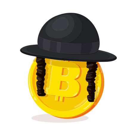 Bitcoin in Orthodox jewish hat. Cartoon digital currency. Gold cryptocurrency. Money and finance symbol. Miner bit coin cryptocurrency. Vector illustration.のイラスト素材
