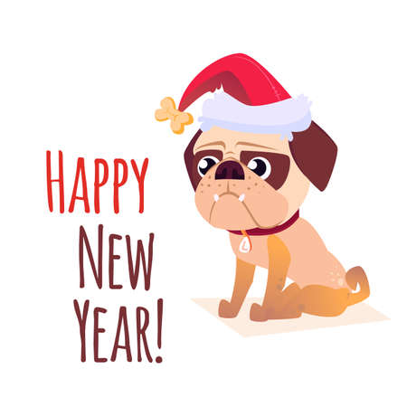 Merry Christmas postcard. Happy New Year banner with dog. Cartoon dog with a gift. Vector Puppy character. Design for calendars or postcards or posters or banners or brochures.のイラスト素材