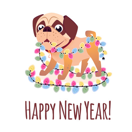 Merry Christmas postcard. Happy New Year banner with dog. Cartoon dog with a gift. Vector Puppy character. Design for calendars or postcards or posters or banners or brochures.のイラスト素材