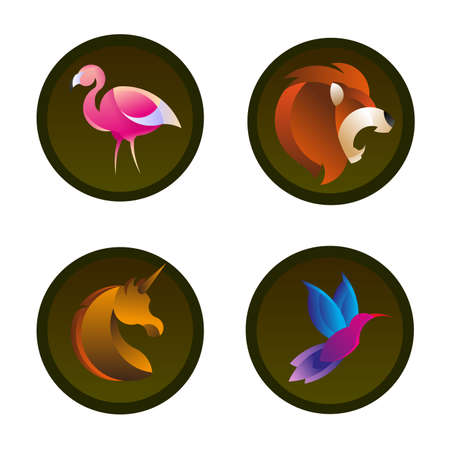 Unicorn template Horse graphic sign. Hummingbird Mascot design element. Simple Colibri logotype. Creativity concept symbol. Flamingo Minimalist pictograph Simple Lion head Geometric icon design.のイラスト素材