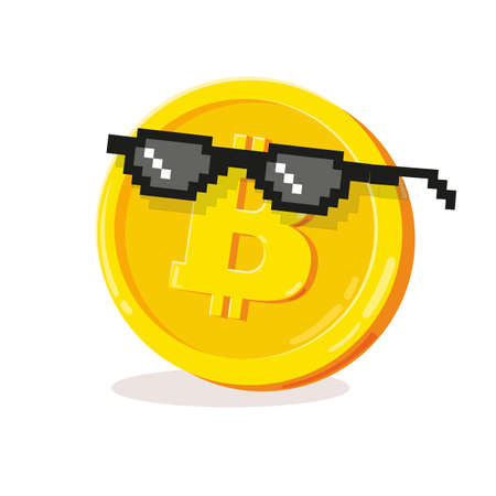 Golden coin with black glasses. Cool bitcoin sign.のイラスト素材