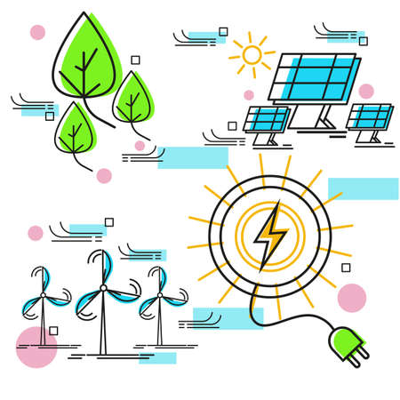 Line green energy. Saving nature or ecology concept. Vector linear alternative energy generator.のイラスト素材