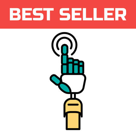 Robotic hand makes a click icon. Cyber glove for virtual reality. Innovative digital input device. Modern style logo concept. Cyborg thin line vector illustration.のイラスト素材