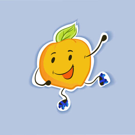 Cheerful, funny orange characters - an apple with leaves isolated on a gray background. Vector illustration.のイラスト素材
