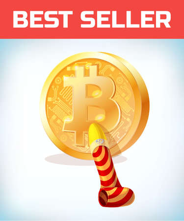 Bitcoin with birthday pipe. Bitcoin. Digital currency. Crypto currency. Money and finance symbol. Miner bit coin criptocurrency. Virtual money concept. Cartoon Vector illustration.のイラスト素材