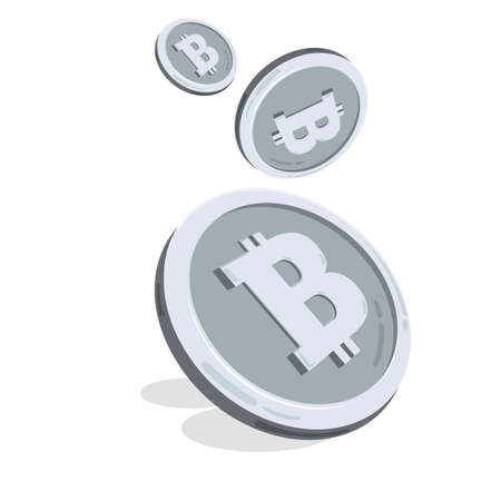 Bitcoin. 2D cartoon bit coin. Digital currency. Cryptocurrency. Golden coins with symbol isolated on white background. Stock vector illustrationのイラスト素材