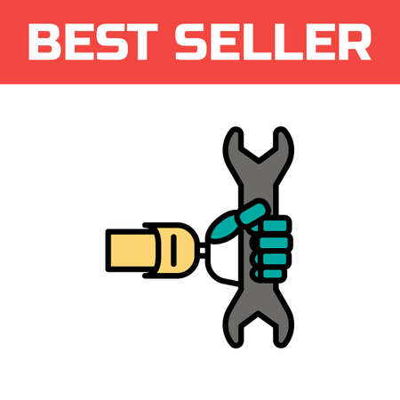 Robotic hand with a wrench icon. Cyber glove for virtual reality. Innovative digital input device. Modern style logo concept. Thin line vector illustration.の写真素材
