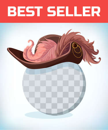 Musketeer hat with feather. Vintage pirate hat. Masquerade costume headdress. Carnival or Halloween mask. Cartoon Vector illustration.のイラスト素材