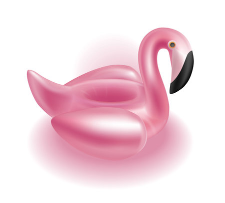 Flamingo inflatable ring. Cartoon 3d pink flamingo. Realistic inflatable swimming pool ring. Pool beach party. Summer vacation holiday vector Illustration.のイラスト素材