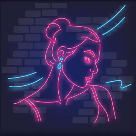 Neon light silhouette of girl. Neon banner for strip club. Adult show vector illustration.のイラスト素材