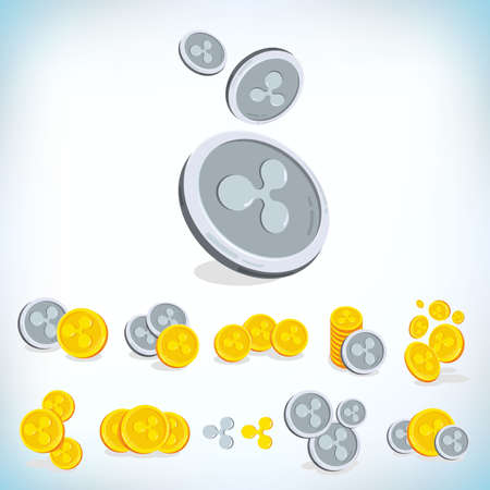 ripple. 2D cartoon coin. Digital currency. Cryptocurrency. Golden coins with symbol isolated on white background. Stock vector illustration.のイラスト素材
