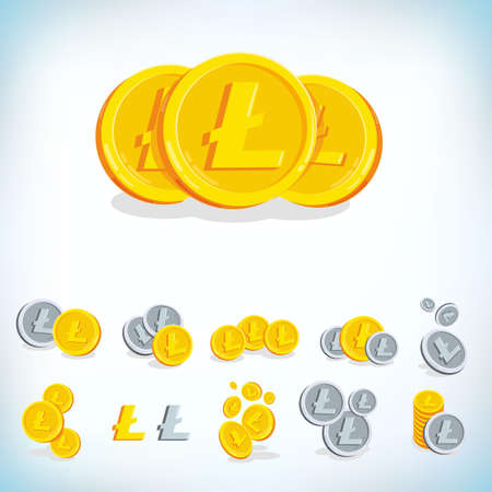 Litecoin. 2D cartoon bit coin. Digital currency. Cryptocurrency. Golden coins with symbol isolated on white background. Stock vector illustrationのイラスト素材