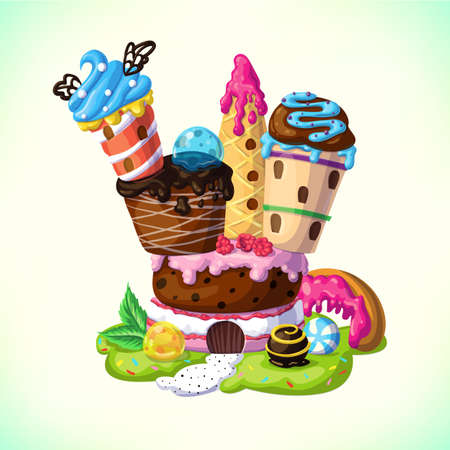 Sweet candy castle. A fairytale castle with towers of cakes and ice cream. Cartoon vector illustrationのイラスト素材