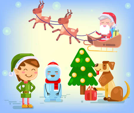 Merry Christmas and Happy New Year composition. cartoon Character Flat Santa Claus and Reindeer. New year dog, Snowman and Cute elf Christmas scene. Vector Illustration.のイラスト素材