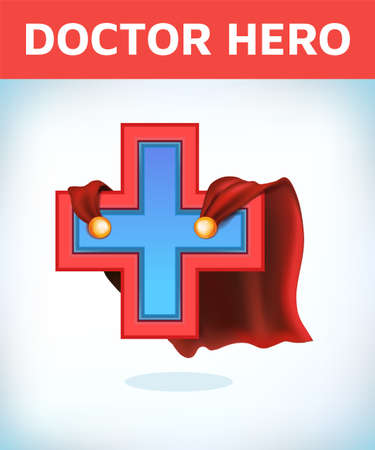 Equilateral cross in hero cape. Doctor super cloak. Pharmacy sign. Medicine concept.のイラスト素材