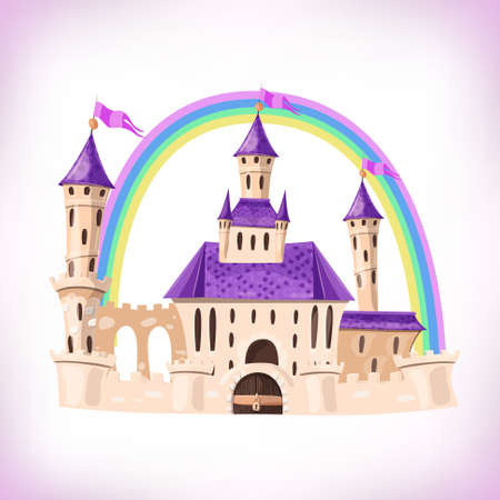 FairyTale castle. Cartoon castle. Fantasy fairy tale palace with rainbow. Vector illustration.の写真素材