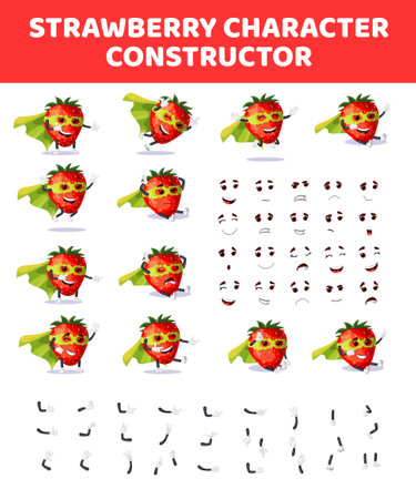 Strawberry character constructor. Cartoon strawberry creation mascot kit. Character creation set poses, emotions for animation and illustrations. Emoji with emotions, eyes and mouthes setのイラスト素材