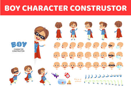 Boy character constructor. Cartoon boy creation mascot kit. Character creation set poses and emotions for animation and illustrationsのイラスト素材
