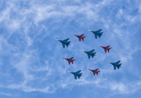 Group pilotage of the russian aerobatic teams at the airshow during the Victory Day parade. Moscow Russian Federation May in September 2015.のeditorial素材