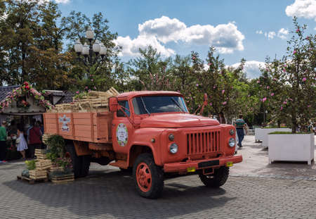 Moscow, Russia - August 14, 2015:Retro truck is used as a decoration at the Moscow pozzy festival.のeditorial素材