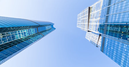 Down-up view at skyscrapers in Moscow-city (Moscow International Business Center), Russia. Modern...