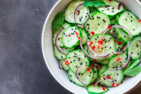 Asian cucumber salad with red onion, chilli pepper and black sesame in white bowl on gray concreteの写真素材